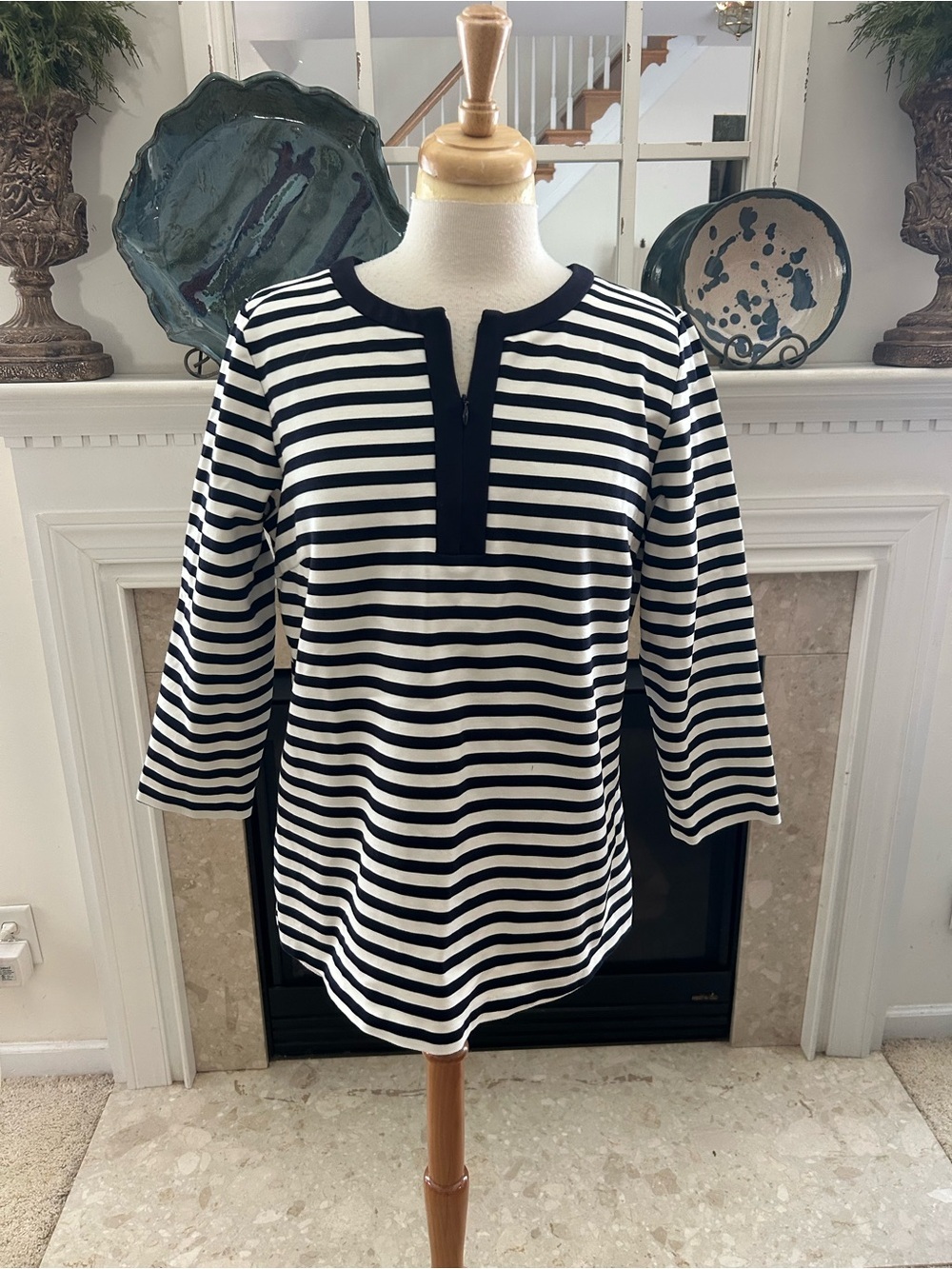 J. McLaughlin Navy & White Striped Split-Neck Top